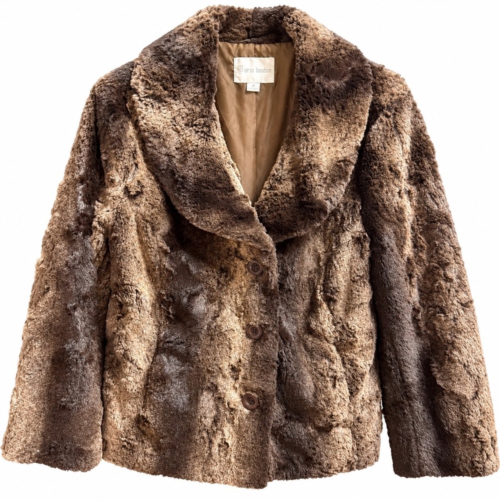 Erin London Faux Fur Jacket Brown Multi Shawl Collar Button Front Coat Medium